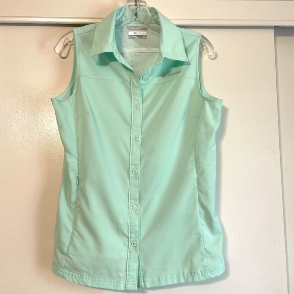 Columbia Green Omni Shade Sun Protection Sleeveless Button Down Blouse Top S - Picture 1 of 10
